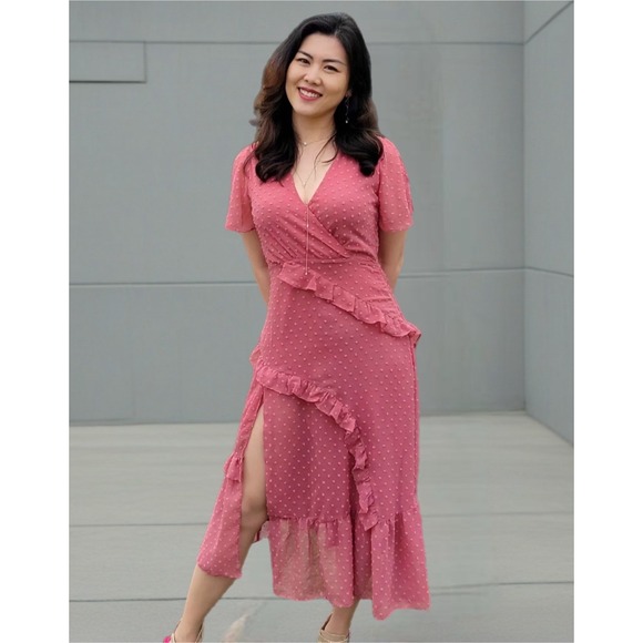Lulus Dresses & Skirts - Lulus Swiss Dot Ruffle Midi‎ Dress Women XS Rose Pink NEW Faux Wrap V-Neck Slit